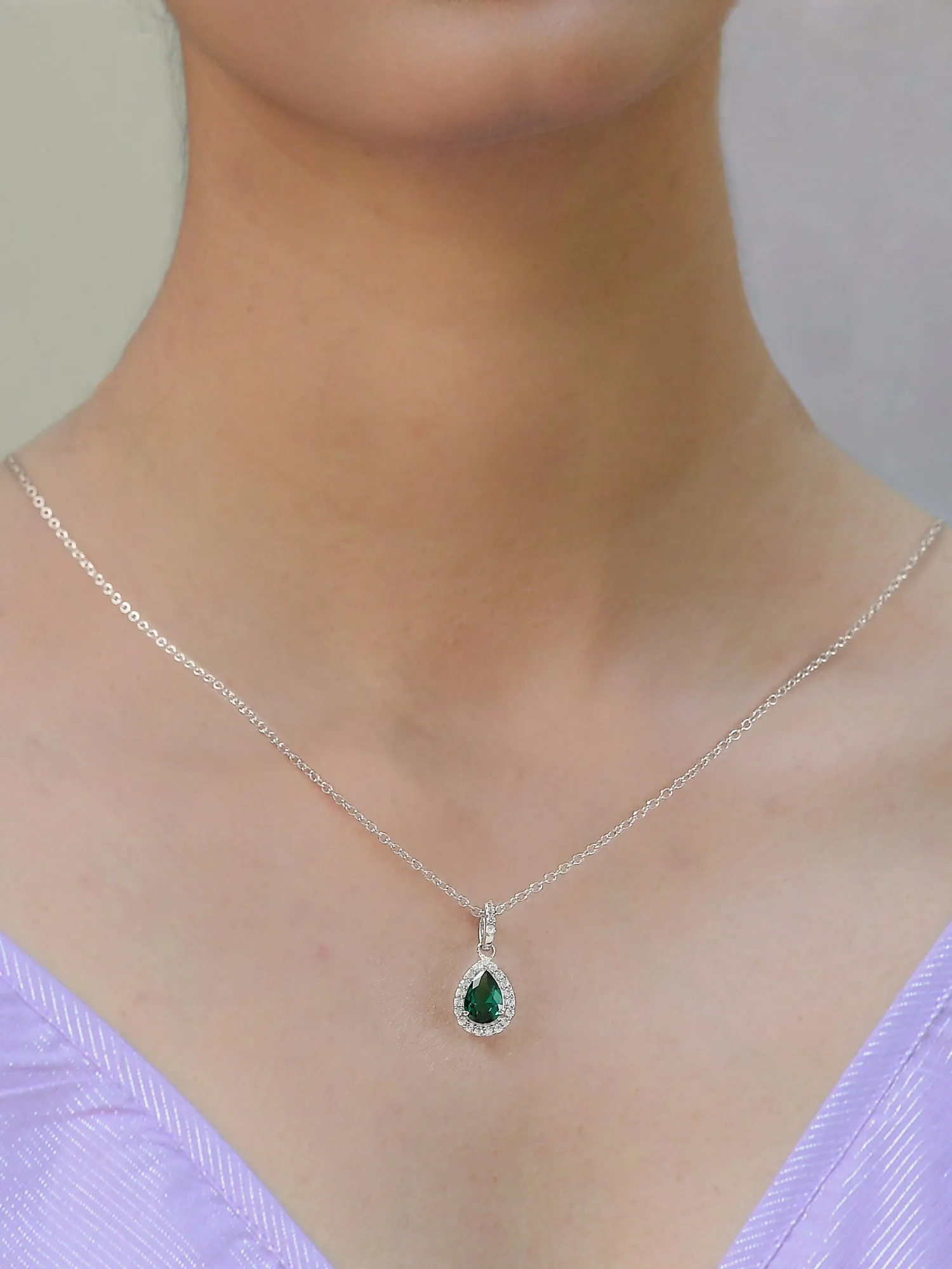 Pear Shape Emerald Halo Pendant With Silver Chain