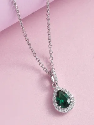 Pear Shape Emerald Halo Pendant With Silver Chain