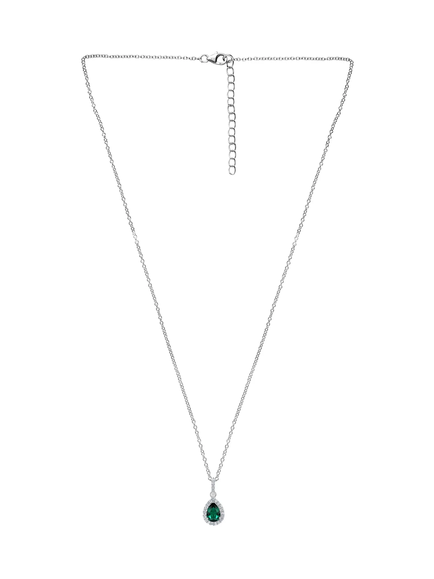 Pear Shape Emerald Halo Pendant With Silver Chain