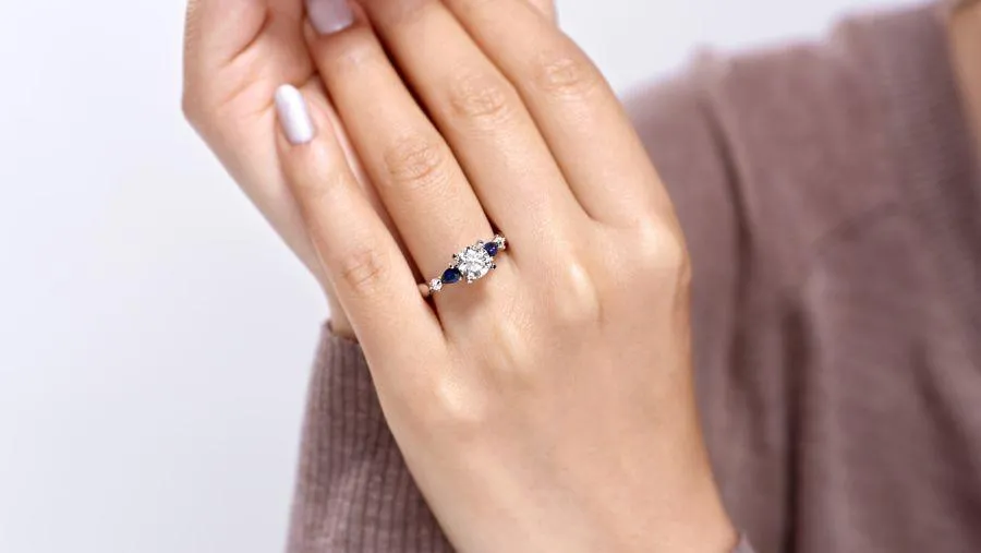 Pear Shaped Blue Sapphire Diamond Ring .09 Cttw 14K Gold 188A