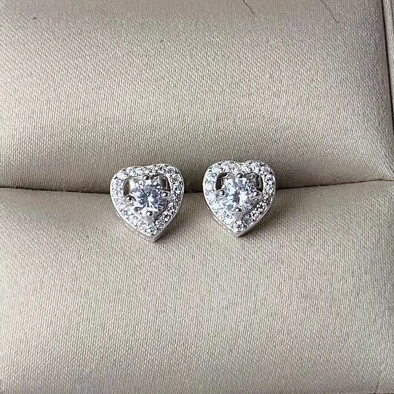 Platinum Plated 925 Silver Halo Heart Stud Moissanite Earrings 0.6ctw