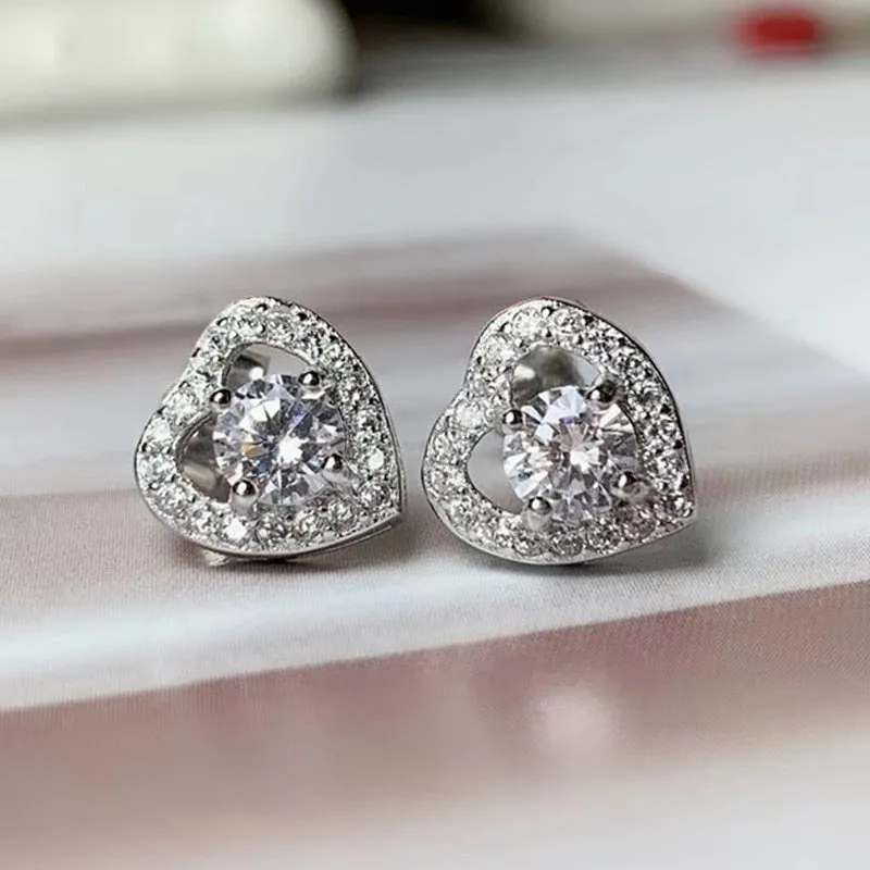 Platinum Plated 925 Silver Halo Heart Stud Moissanite Earrings 0.6ctw