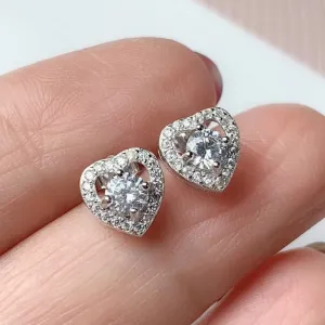 Platinum Plated 925 Silver Halo Heart Stud Moissanite Earrings 0.6ctw