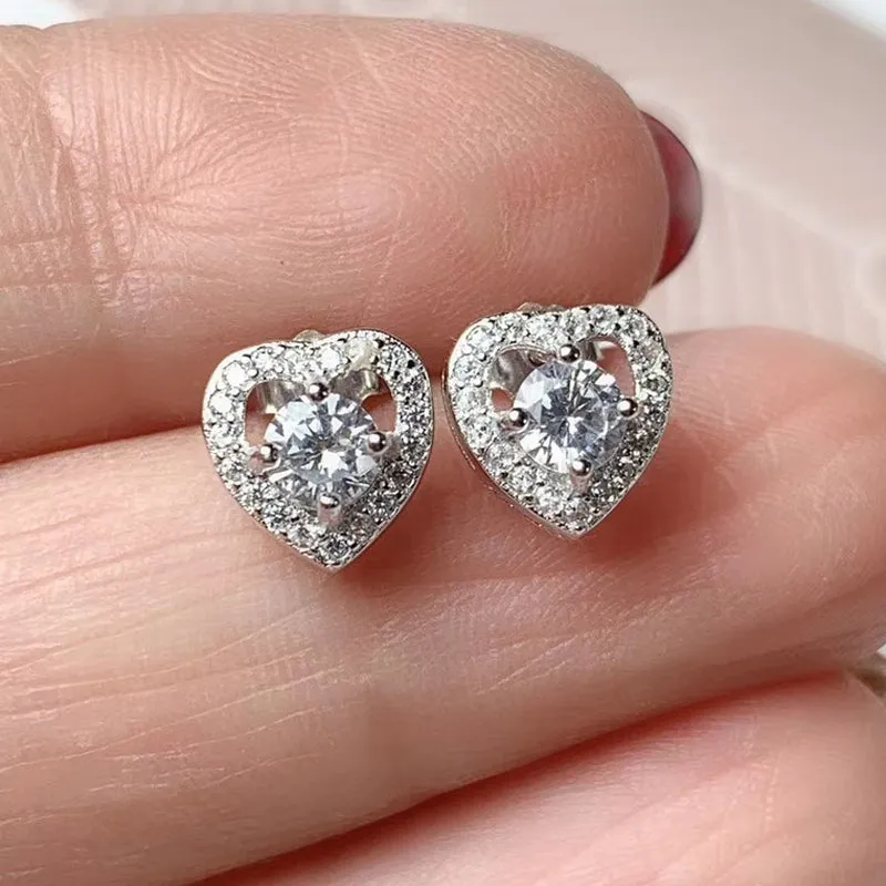 Platinum Plated 925 Silver Halo Heart Stud Moissanite Earrings 0.6ctw