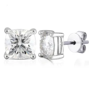 Platinum Plated Silver Cushion Cut Stud Moissanite Earrings 2ctw