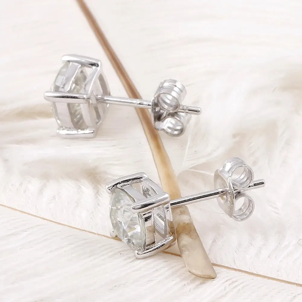 Platinum Plated Silver Cushion Cut Stud Moissanite Earrings 2ctw