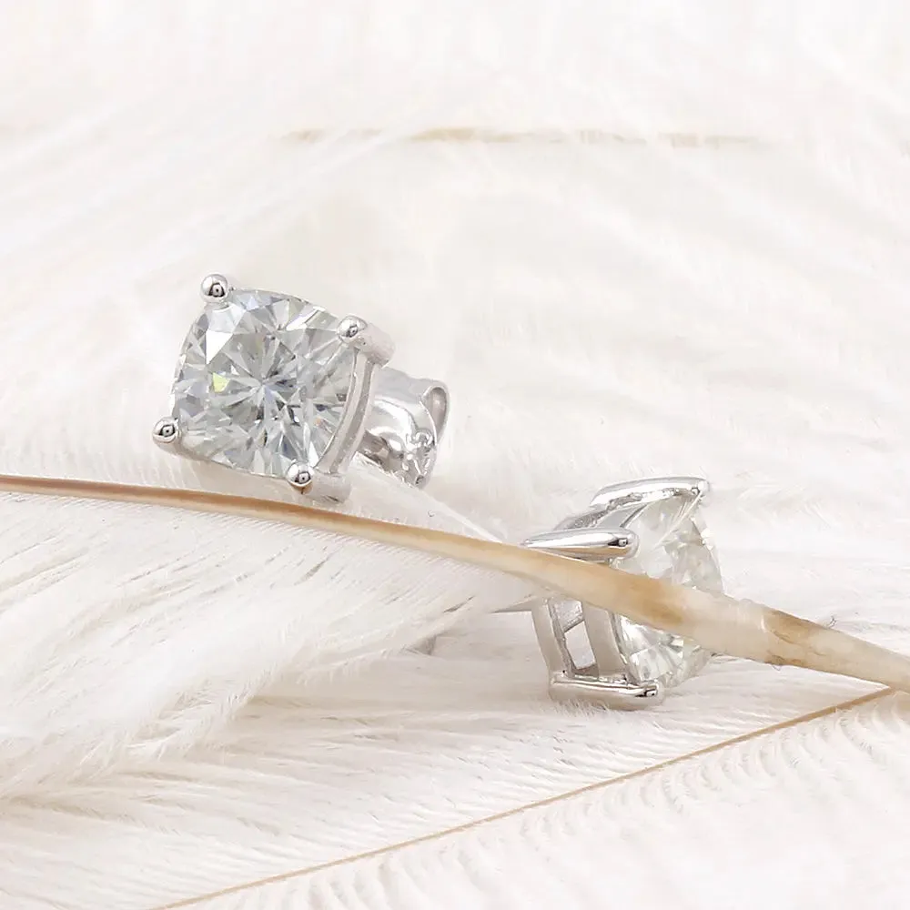 Platinum Plated Silver Cushion Cut Stud Moissanite Earrings 2ctw