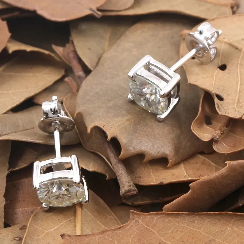 Platinum Plated Silver Cushion Cut Stud Moissanite Earrings 2ctw