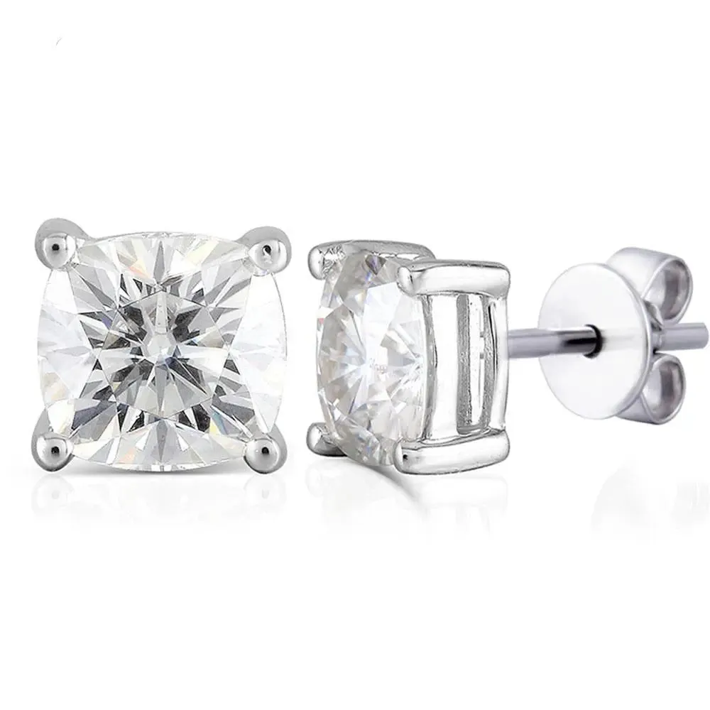 Platinum Plated Silver Cushion Cut Stud Moissanite Earrings 2ctw