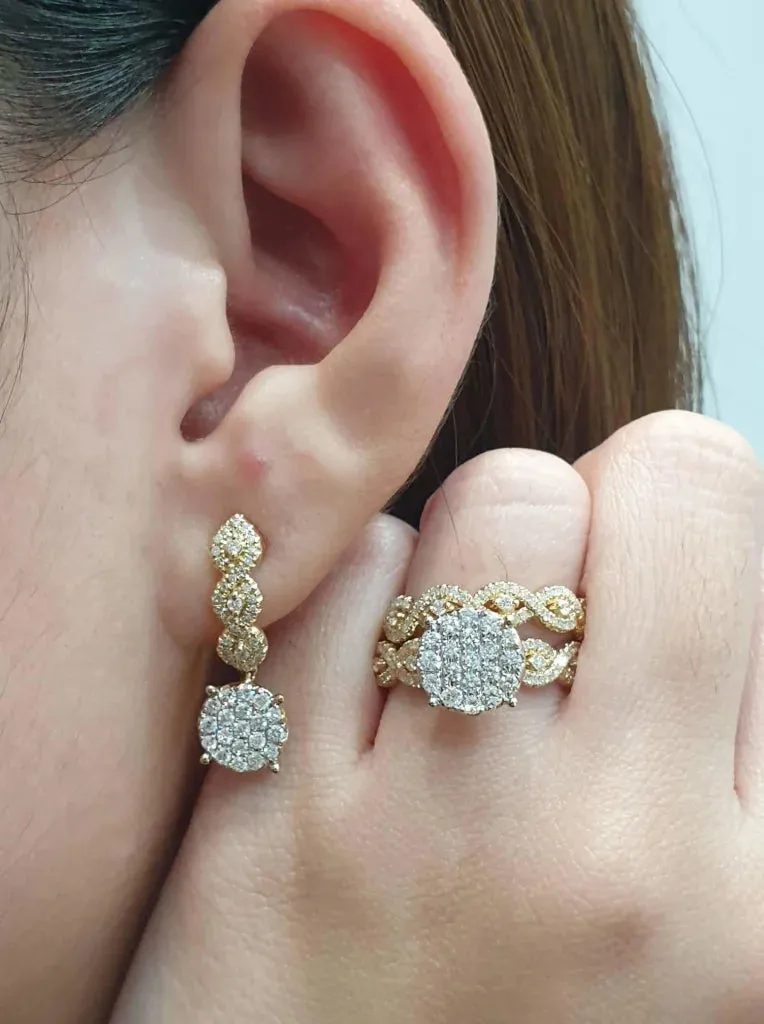 PREORDER | Golden Infinity Round Paved Twin Pair Dangling Diamond Jewelry Set 14kt