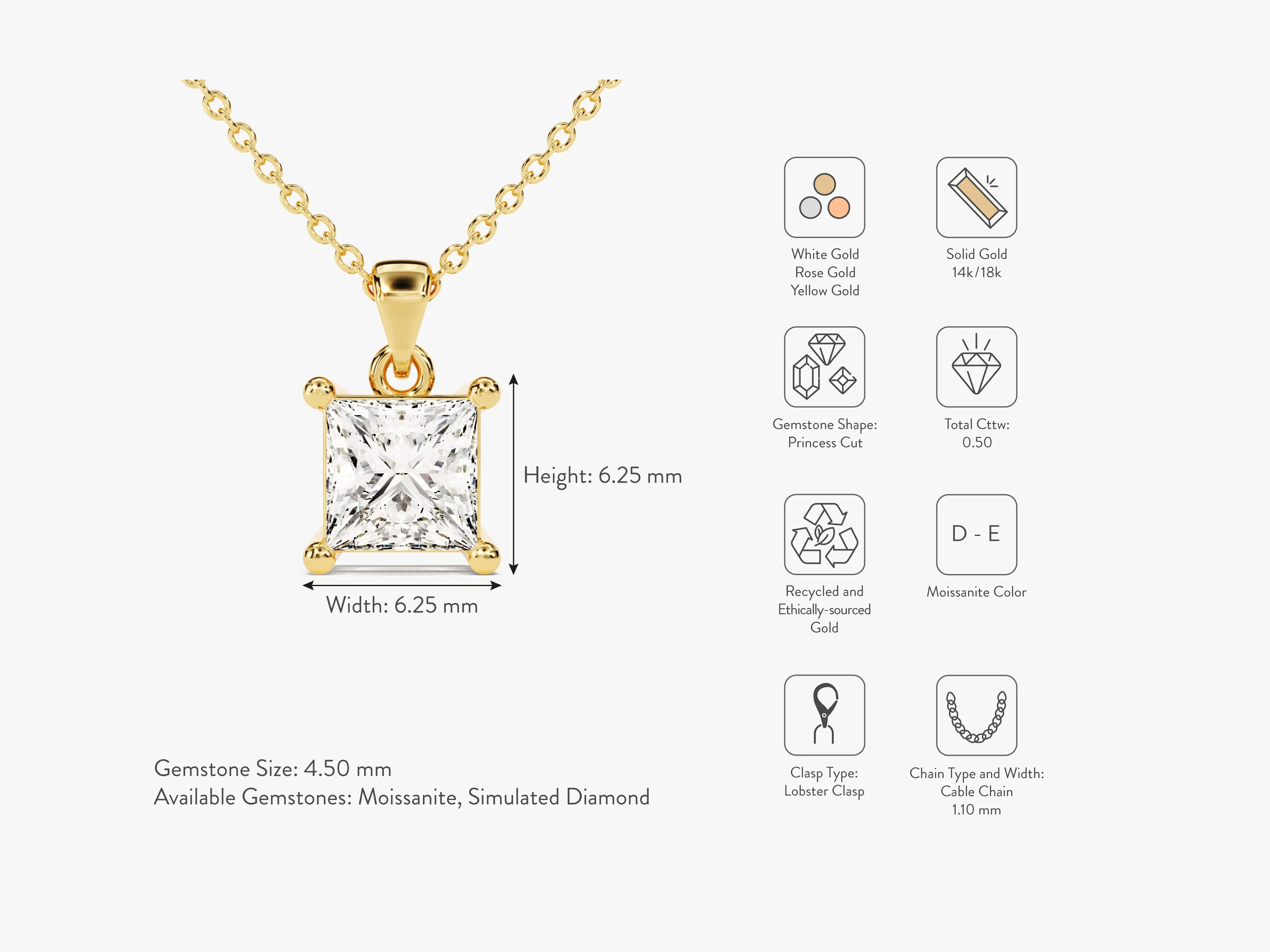 Princess Cut Moissanite Solitaire Pendant (0.50 CT)