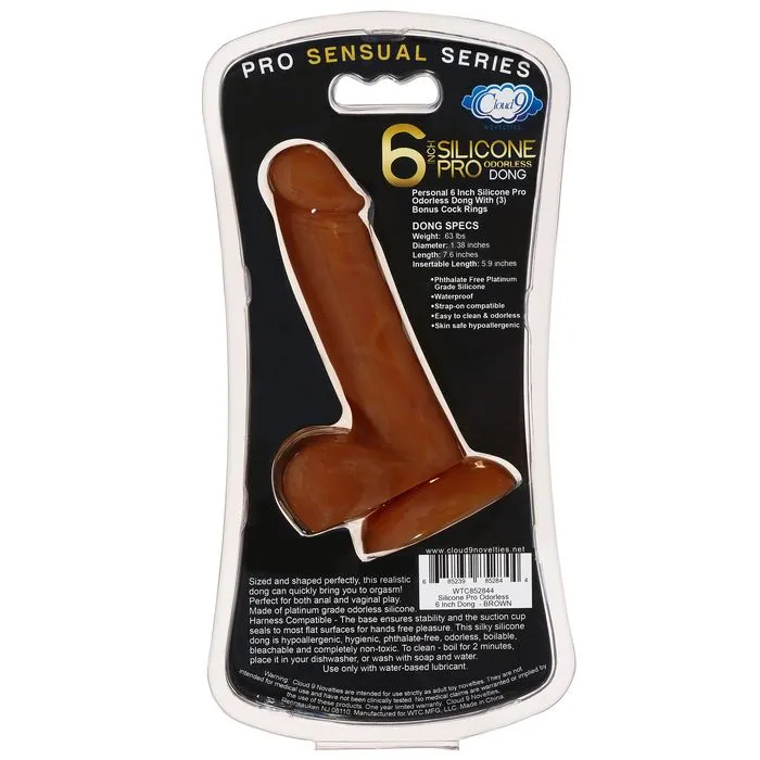 Pro Sensual Premium Silicone Dong With 3 C Rings Brown 6 "
