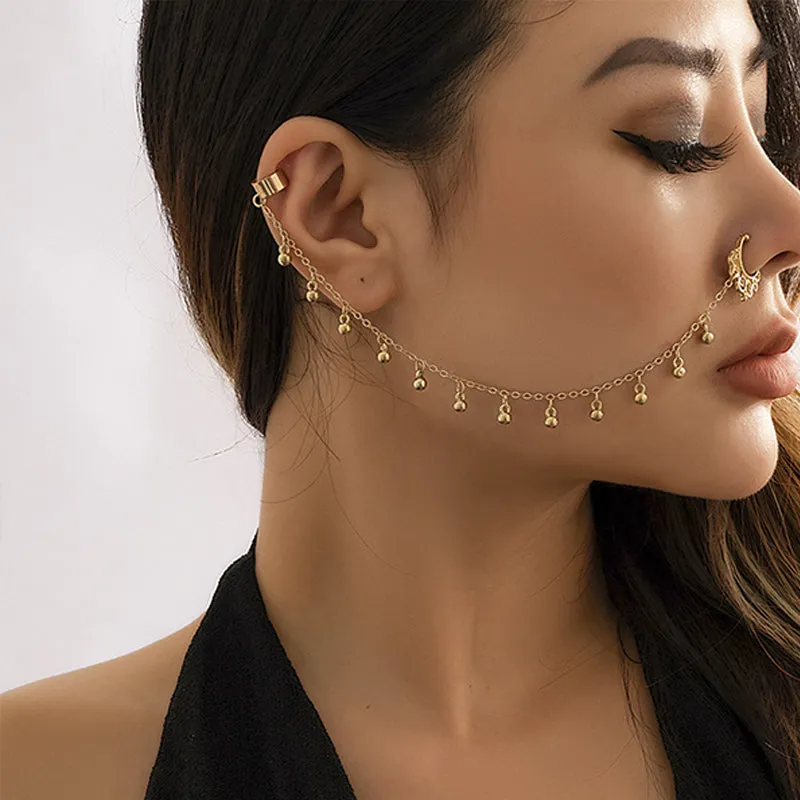 Punk Imitation Pearl Tassel Titanium Chain Earrings Nose Clip
