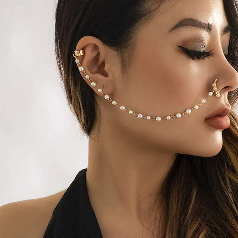 Punk Imitation Pearl Tassel Titanium Chain Earrings Nose Clip