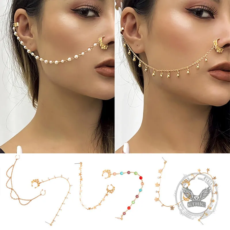 Punk Imitation Pearl Tassel Titanium Chain Earrings Nose Clip