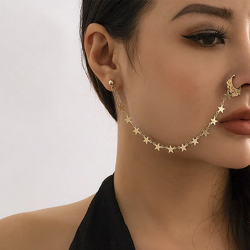 Punk Imitation Pearl Tassel Titanium Chain Earrings Nose Clip