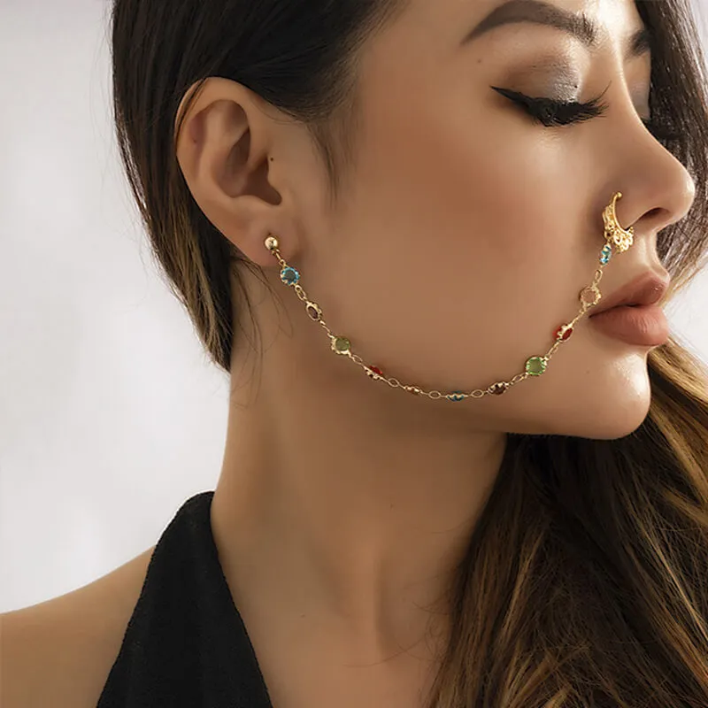 Punk Imitation Pearl Tassel Titanium Chain Earrings Nose Clip