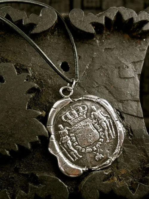 Pyrrha Sterling Silver Large Crown Crest Medal on  Leather Cord Necklace