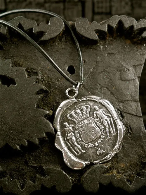 Pyrrha Sterling Silver Large Crown Crest Medal on  Leather Cord Necklace