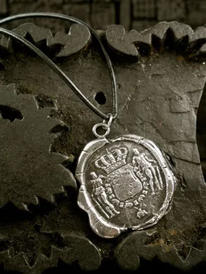 Pyrrha Sterling Silver Large Crown Crest Medal on  Leather Cord Necklace