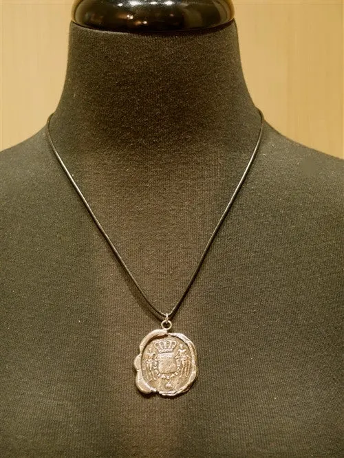 Pyrrha Sterling Silver Large Crown Crest Medal on  Leather Cord Necklace