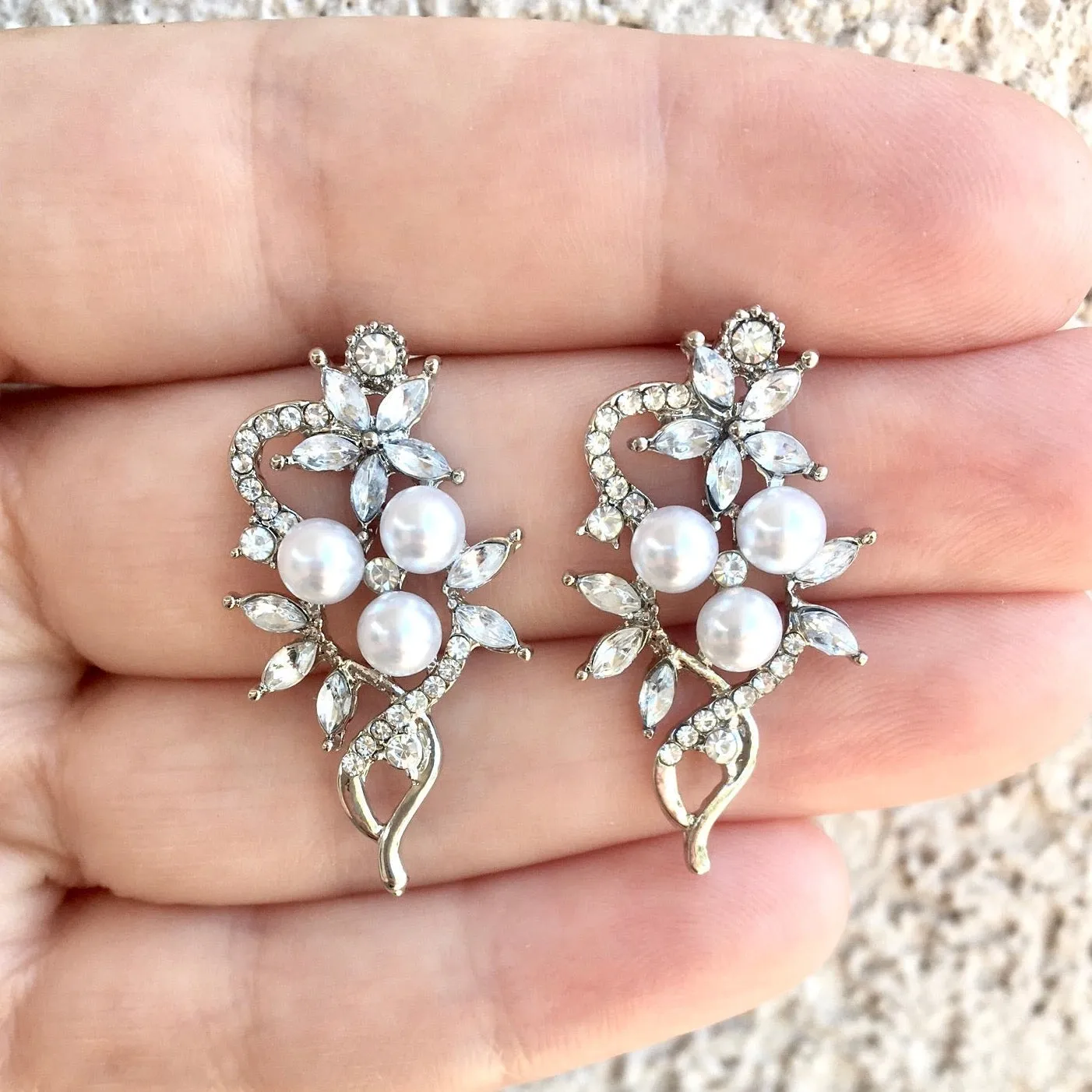 "Lenya" - Pearl and Cubic Zirconia Bridal Earrings - Available in Rose Gold and Silver