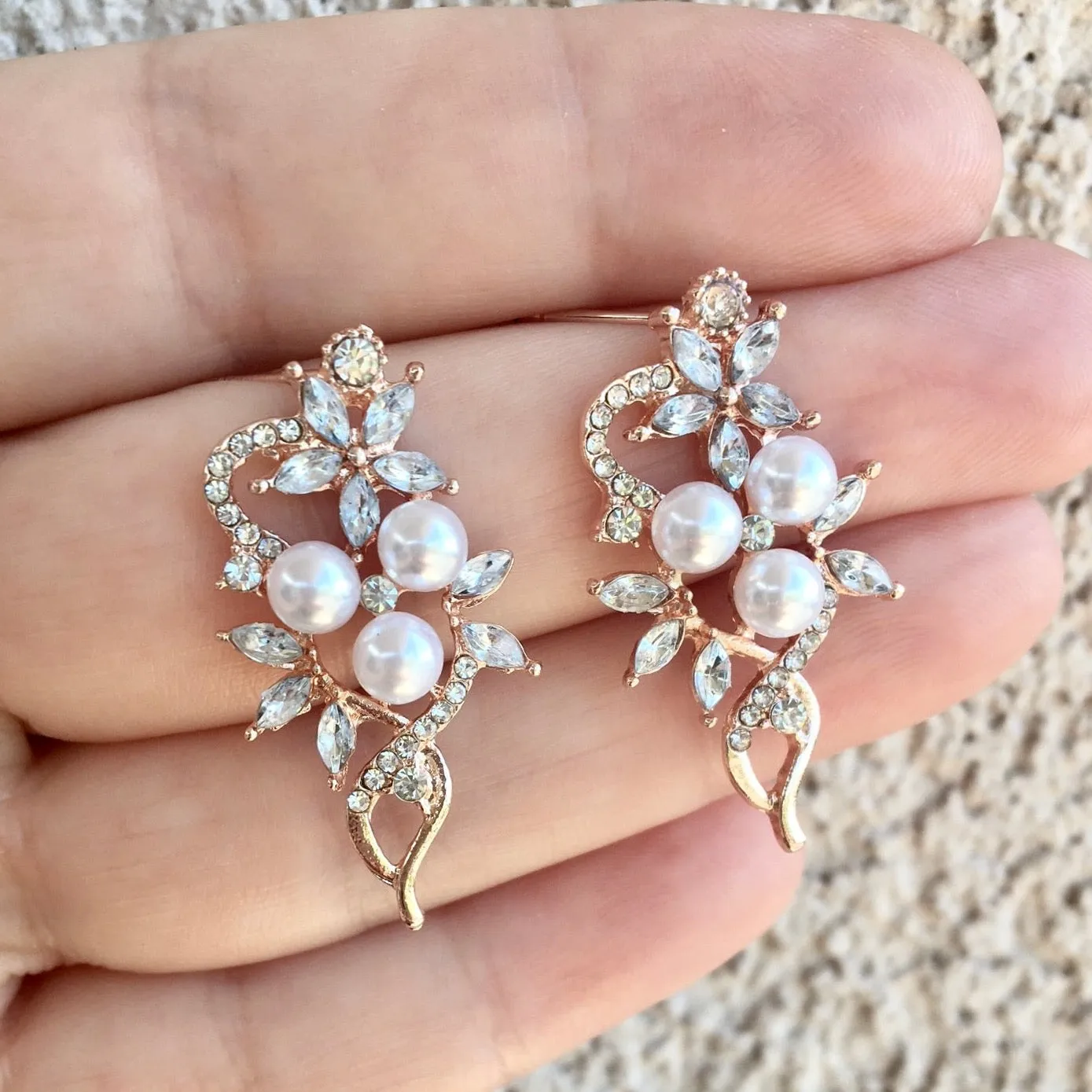 "Lenya" - Pearl and Cubic Zirconia Bridal Earrings - Available in Rose Gold and Silver