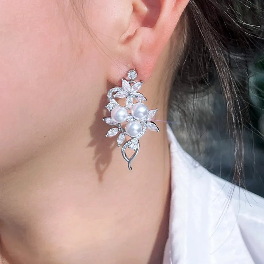 "Lenya" - Pearl and Cubic Zirconia Bridal Earrings - Available in Rose Gold and Silver