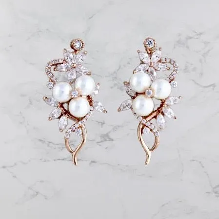 "Lenya" - Pearl and Cubic Zirconia Bridal Earrings - Available in Rose Gold and Silver