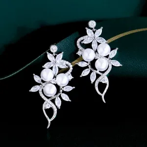 "Lenya" - Pearl and Cubic Zirconia Bridal Earrings - Available in Rose Gold and Silver