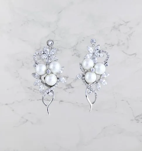 "Lenya" - Pearl and Cubic Zirconia Bridal Earrings - Available in Rose Gold and Silver