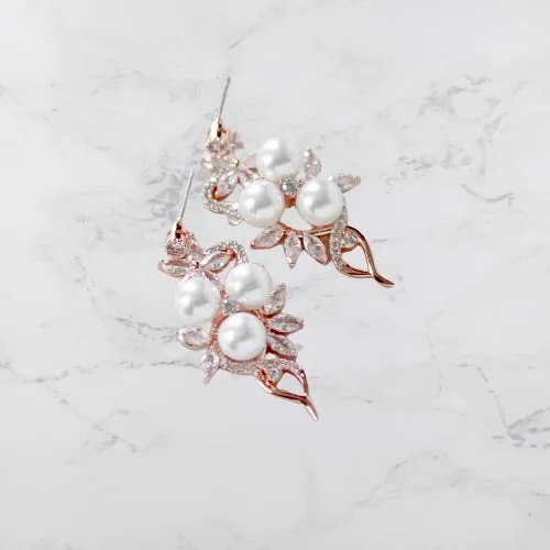 "Lenya" - Pearl and Cubic Zirconia Bridal Earrings - Available in Rose Gold and Silver