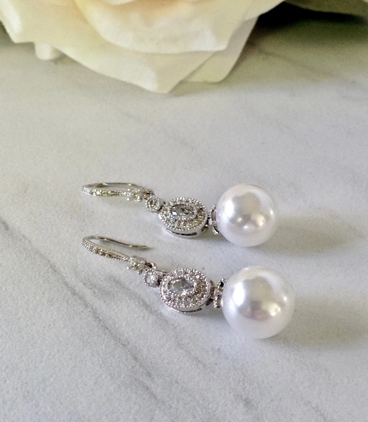 "Madelynne" - Pearl and Cubic Zirconia Bridal Earrings