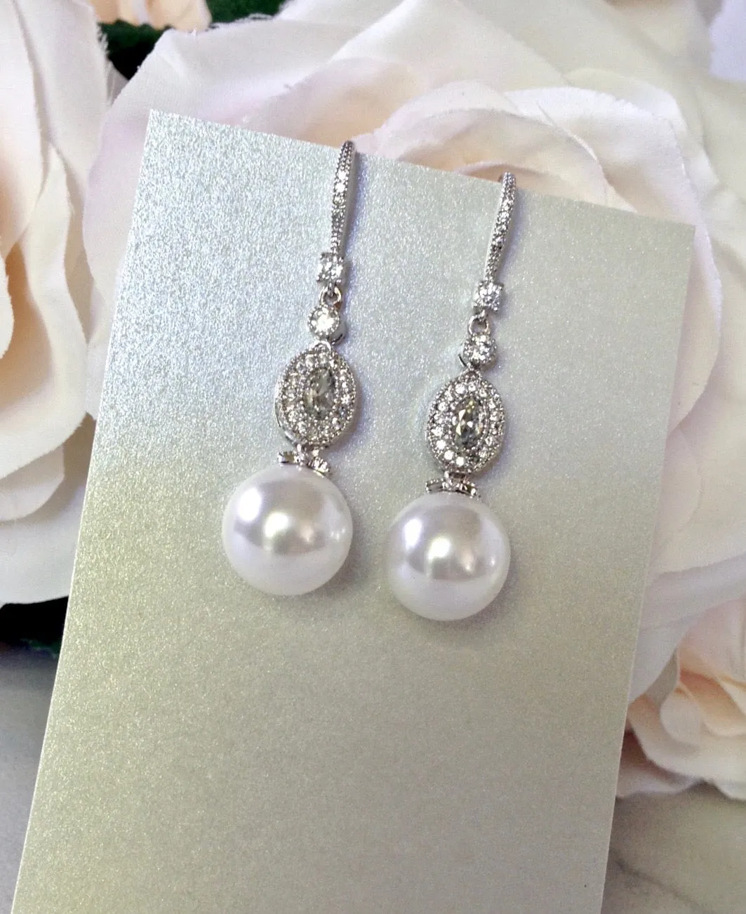 "Madelynne" - Pearl and Cubic Zirconia Bridal Earrings