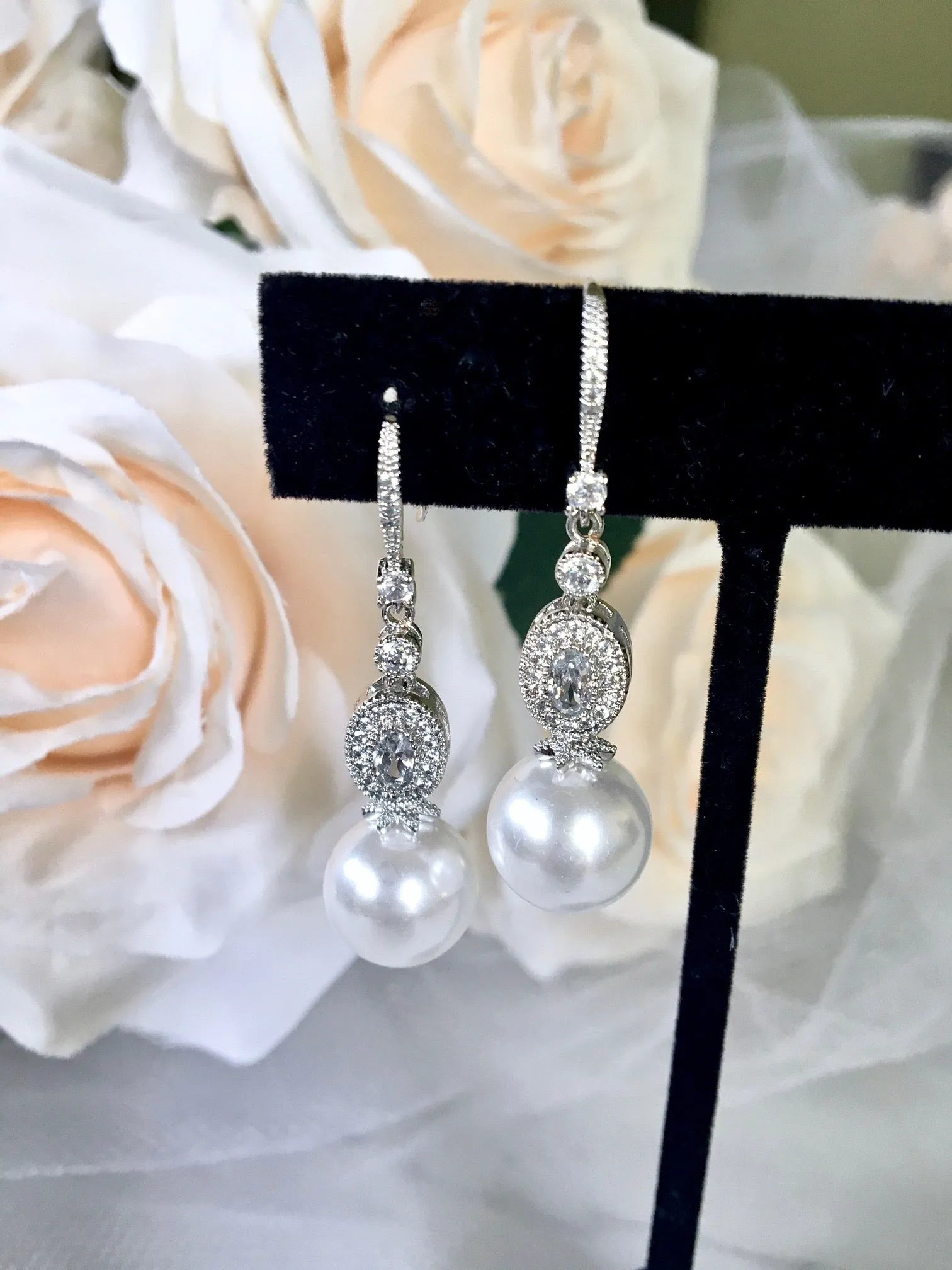 "Madelynne" - Pearl and Cubic Zirconia Bridal Earrings