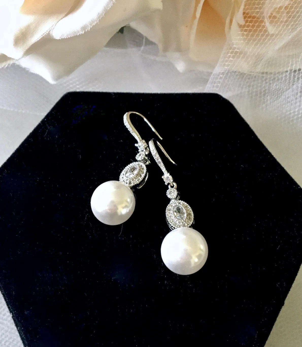 "Madelynne" - Pearl and Cubic Zirconia Bridal Earrings