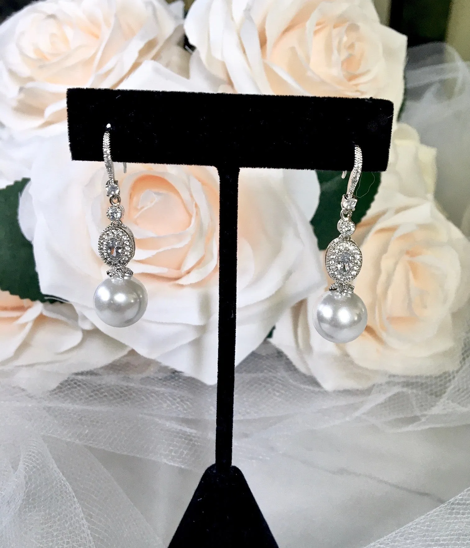 "Madelynne" - Pearl and Cubic Zirconia Bridal Earrings
