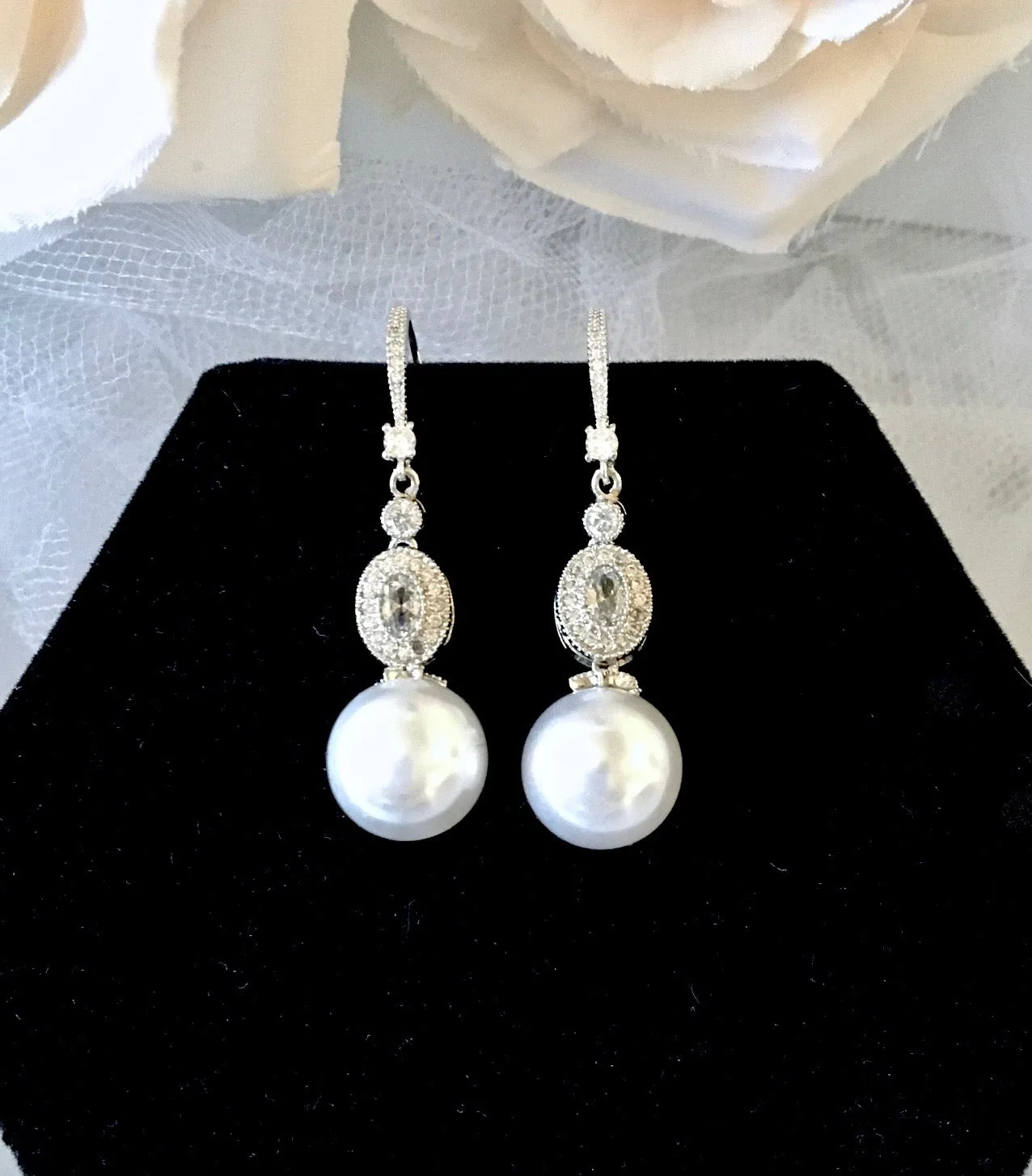 "Madelynne" - Pearl and Cubic Zirconia Bridal Earrings