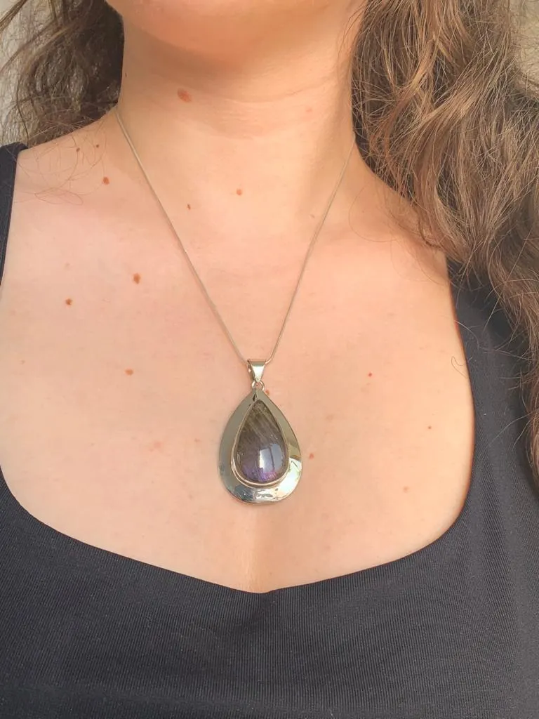 Rare Purple / Pink Labradorite Medea Pendant - Long Drop
