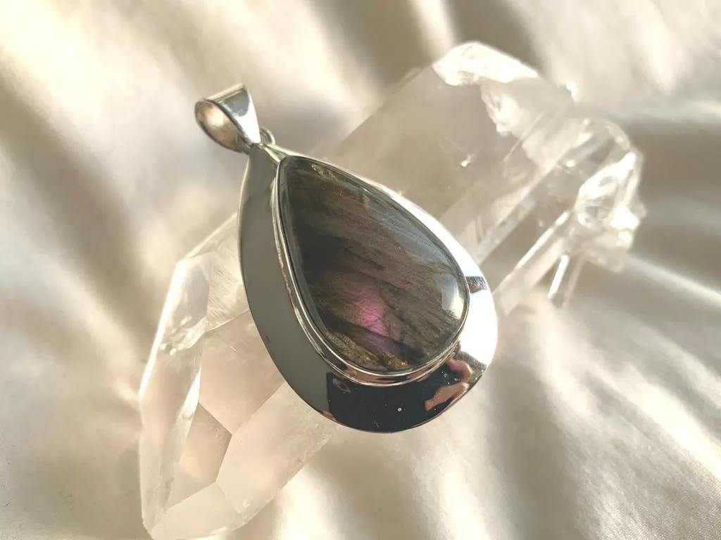 Rare Purple / Pink Labradorite Medea Pendant - Long Drop