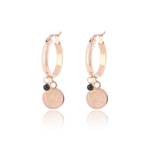 Rose gold coloured hoop earrings with a coin charm