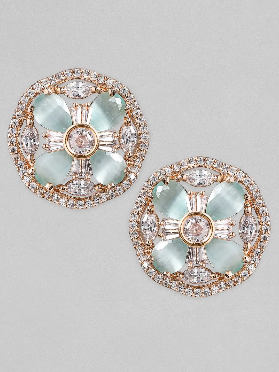 Rubans Rose Gold Plated Pastel Green & Zirconia Stone Studded Stud Earrings.