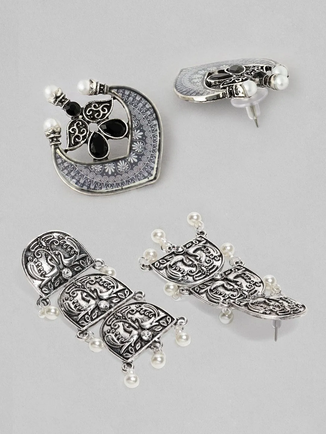 Rubans Silver Plated Handcrafted  Peacock Drop & Stud Set of 2 Earrings