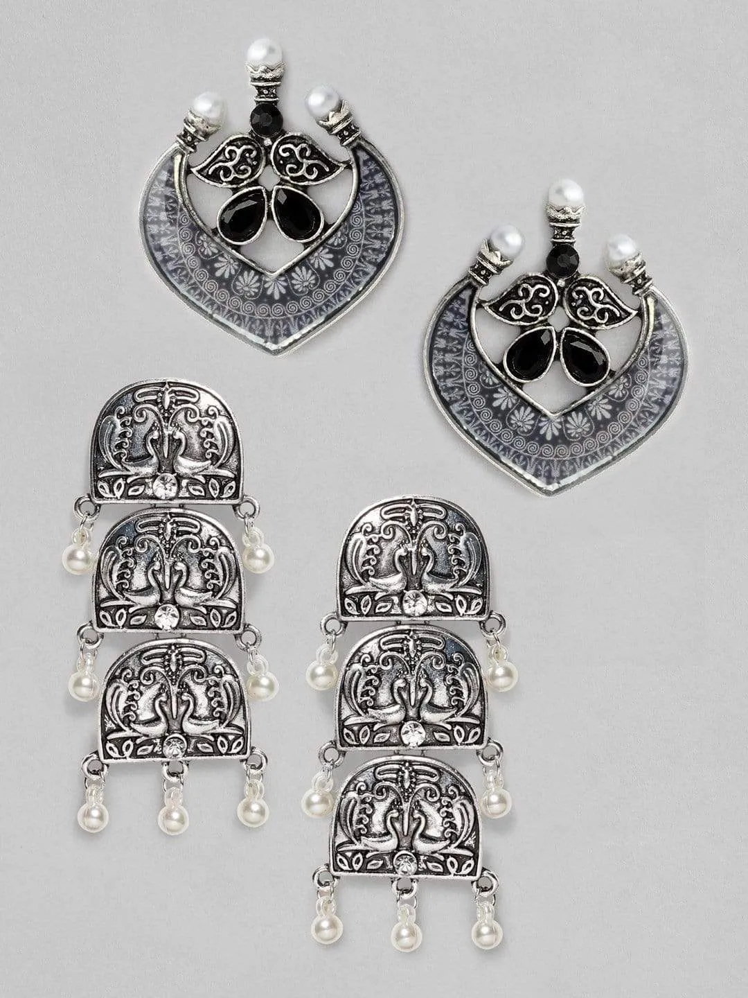 Rubans Silver Plated Handcrafted  Peacock Drop & Stud Set of 2 Earrings