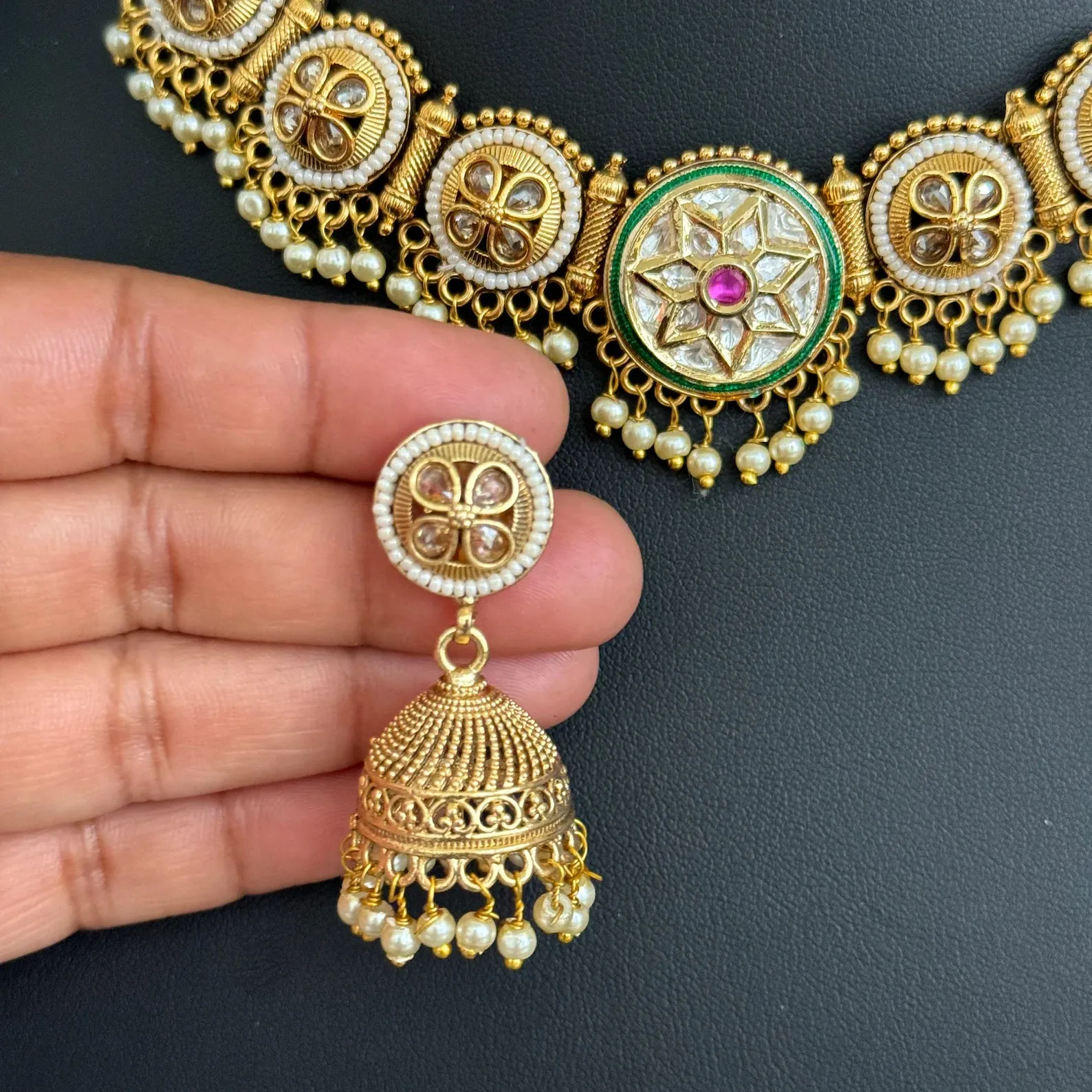 Ruby Green Gold Polki Kundan choker Antique necklace