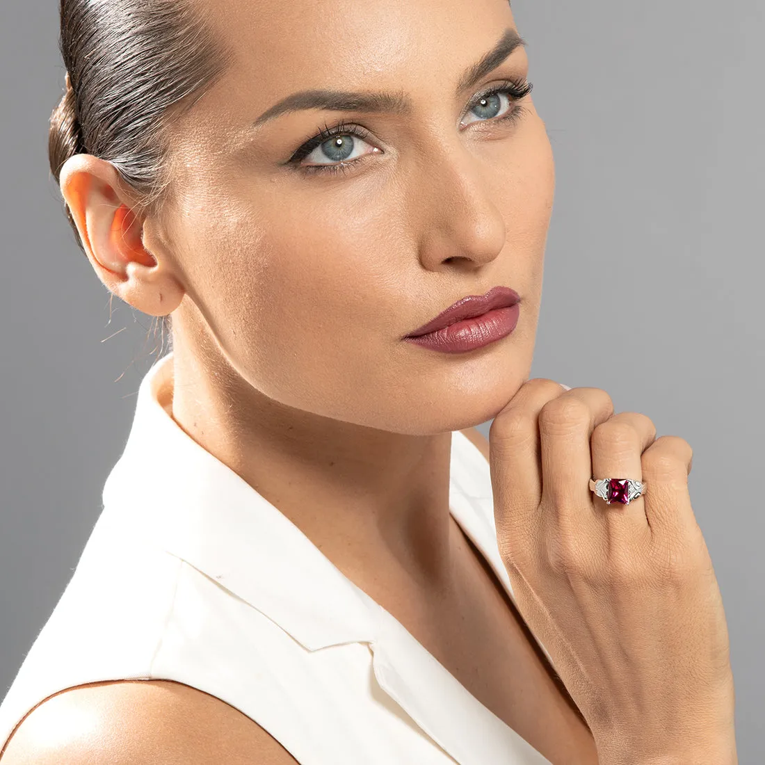 Ruby Radiant Cut Sterling Silver Ring Size 8