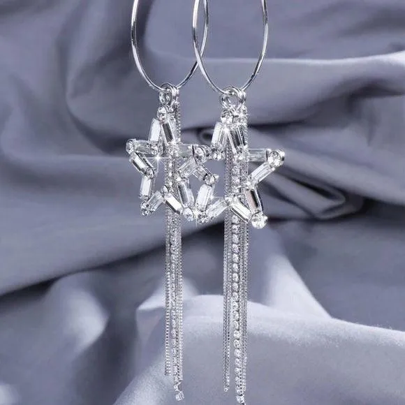 Silver Hoop Dangling Chain Crystal Star Statement Earrings