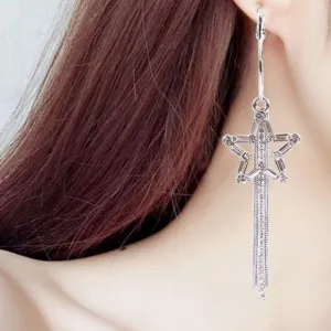 Silver Hoop Dangling Chain Crystal Star Statement Earrings