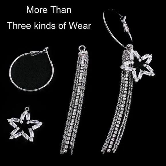 Silver Hoop Dangling Chain Crystal Star Statement Earrings