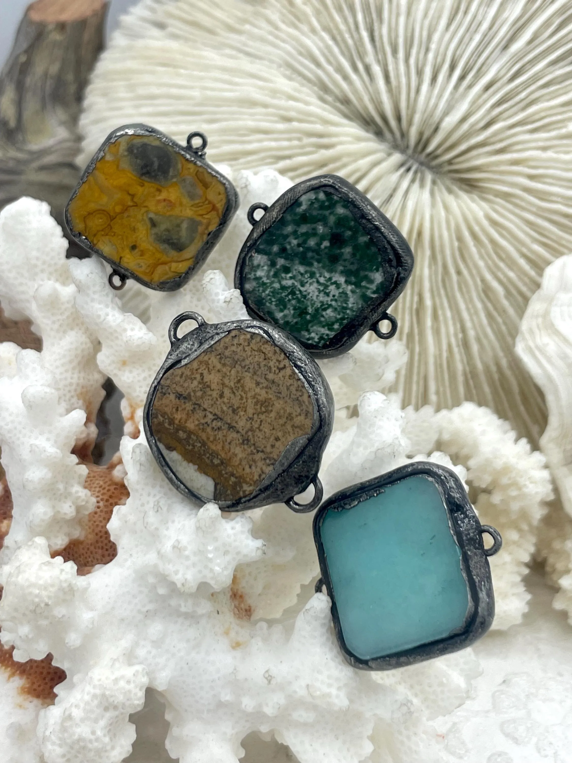 Soldered Natural Stone Pendants/Connectors, Square Stone Connectors with Gunmetal Soldering, Comes in 7 Styles, Natural Stone, Fast Ship.